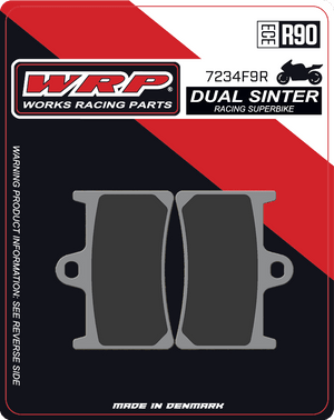 WRP Brake Pads Dual Sinter DS Racing Superbike 7234 F9R
Fitment
Same as SBS 634 DS-1 / DS1
Suzuki GSX-8R
Yamaha R1 (1998-2006), (15-24) 
Yamaha R6 (1999+)
Yamaha R7 (2021+)
Yamaha MT-10 (2016+)
Yamaha MT-09 (2014+)
Yamaha FZ-07 / MT-07 (2014+)
Equivalent to Galfer 178
Equivalent to Vesrah VD-248
Equivalent to EBC FA252 / FA380