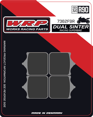 WRP Brake Pads Dual Sinter DS Racing Superbike 7362 F9R
Fitment
Same as SBS 762 DS-1 / DS1
Aprilia RSV 1000 Mille/R/Pista/Nera (2001-2007)
Ducati 748 S/R (2001-2002)
Ducati 749 S/R (2003-2007)
Ducati 996 R (2001+)
Ducati 998 R (2002+)
Ducati 999 S/R (2003-2007)
MV Agusta F4 R 1000 (2006-2007)
Discacciati FDRT100 Radial 4-Piston Calipers (100MM)
Discacciati FDRT108 Radial 4-Piston Calipers (108MM)
Equivalent to Galfer 262
Equivalent to Vesrah VD-986
Equivalent to EBC FA322 