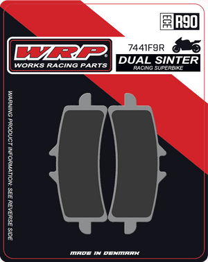 WRP Brake Pads Dual Sinter DS Racing Superbike 7441 F9R
Fitment
OEM Brembo M4, M50, GP4-RS, Stylema, GP4-RX, GP4-MS
Same as SBS 841 DS-1 / DS1
Aprilia RSV4 1000 ABS (2009-2014)
Aprilia RSV4 1000 Factory (2009-2011)
Aprilia RSV4 1000 Factory APRC ABS (2014-2016)
Aprilia RSV4 1100 (non-Factory) (2019+)
Aprilia RSV4 1100 Factory (2019-2024)
Ducati 848 EVO (2011-2012)
Ducati 1098 (2007-2010)
Ducati 1098/S Streetfighter (2009-2014)
Ducati Streetfighter V2 (2025)
Ducati 1198 S/SP (2009-2013)
Ducati Hypermotard 1100/SP/EVO (2007-2013)
Ducati Panigale 1199 (2012-2015)
Ducati Panigale 1299 (2015+)
Ducati Panigale V2 (2025)
Ducati Panigale V4 (2018-2024)
Ducati Panigale V4 S (2018-2024)
Ducati Panigale V4 R (2019+)
Ducati Monster V2
Honda CBR 1000 RR-R Fireblade SP/SP2 (2023+) (Brembo)
Kawasaki Ninja H2 (2015+)
Kawasaki Ninja ZX-10R (2016+)
Kawasaki ZH2 SE 1000 (2021+)
KTM Duke 690/R (2014-2017)
KTM RC8 1190 (2008-2015)
KTM RC8 C 890
KTM SuperDuke 1290/R (2014+)
MV Agusta F4 (2012+)
MV Agusta F4 (2008-2011)
Suzuki GSX-R 600 / 750 (2011+)
Suzuki GSX-R 1000 (2012+)
Suzuki GSX-R 1000 R (17-19)
Suzuki Hayabusa (2013+)
Yamaha R1 (2025+)
Yamaha R9 (2025+)
Equivalent to Galfer 373
Equivalent to Vesrah VD-9031
Equivalent to EBC FA447