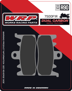 WRP Brake Pads Dual Carbon Racing / Trackday 7500 F1R
Fitment
Same as SBS 900 DC
Aprilia Tuono V4/R (2014-2016)
Aprilia RS660
BMW rNineT (2014+)
Ducati Monster 797 (2017+)
Ducati Monster 937 (non-SP)
Ducati Hypermotard 800/SP (2013+)
Ducati Scrambler 800 (2015+)
Ducati Monster 821 (2014+)
Ducati Hypermotard 939/SP (2016+)
Ducati Hypermotard 950/SP
Ducati Supersport 939 (2017+)
Ducati 899 Panigale (2014-2015)
Ducati 959 Panigale (2016+)
Ducati V2 Panigale
Ducati Scrambler 1100 (2018+)
Ducati Monster 1200 (2014+)
Kawasaki ZH2 1000 (2020+)
MV Agusta 800 Rivale / Stradale (2013+)
Triumph Street Triple 765R (2017+) (does not fit S or RS) 
Equivalent to Galfer 475
Equivalent to Vesrah VD-9070
Equivalent to EBC FA630 